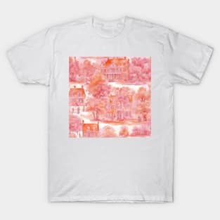 French country mansion watercolor sketch in pink and orange T-Shirt